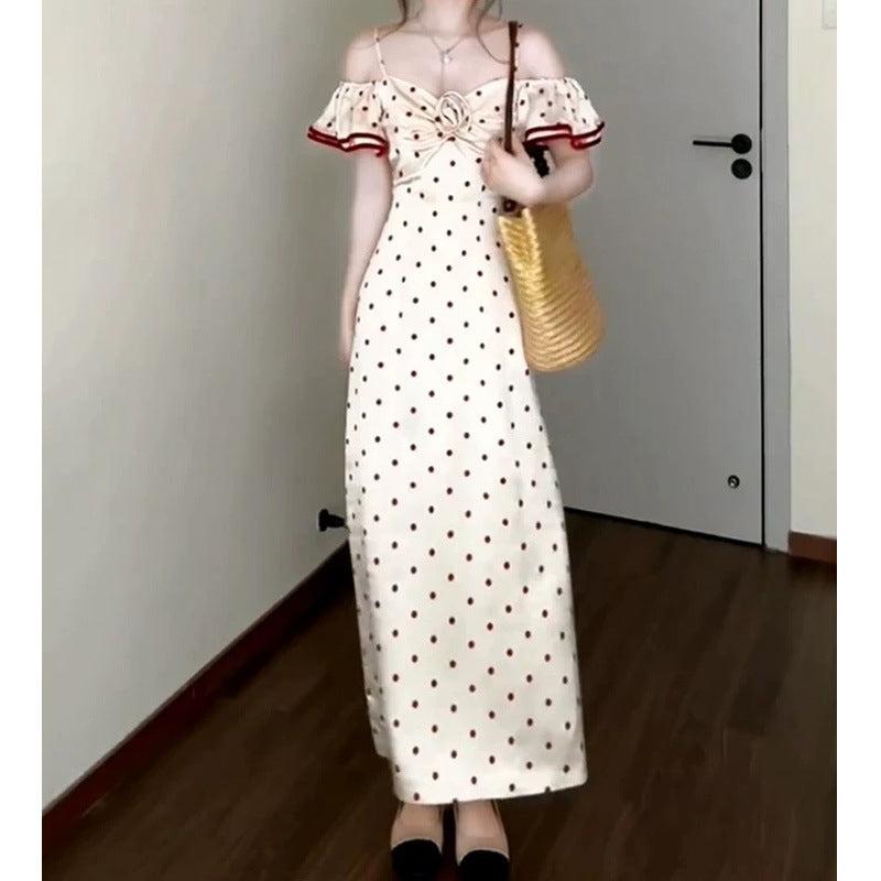 French Style Sweet and Spicy Girl Polka Dot Strap Dress for Women Summer Design Gentle Princess Dress Waist-Cinching Long Dress
