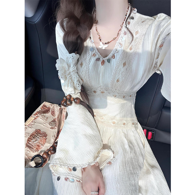 New Chinese Style V-Neck Long Sleeve Dress Women's Spring 2025 New Arrival High-End Elegant Waist-Tie Ethnic Maxi Dress