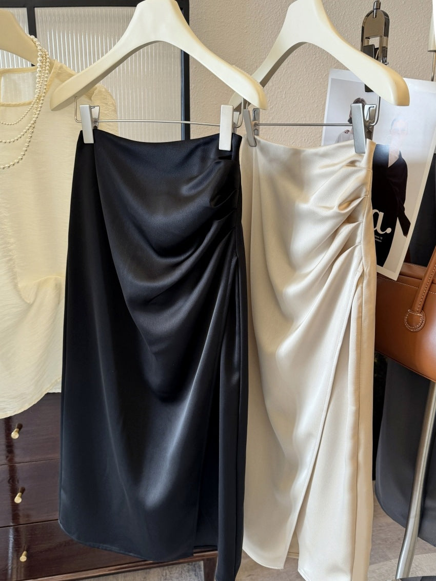 Elegant Goddess Style~Asymmetric Smooth Satin Skirt, Spring and Summer Pleated Pencil Skirt, Mid-Length Straight Skirt
