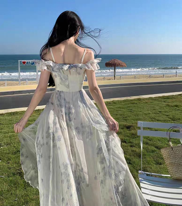 Seaside vacation style spaghetti strap dress with French ruffle hem, Saya long dress, ethereal fairy-like vibe, flowing and trendy.