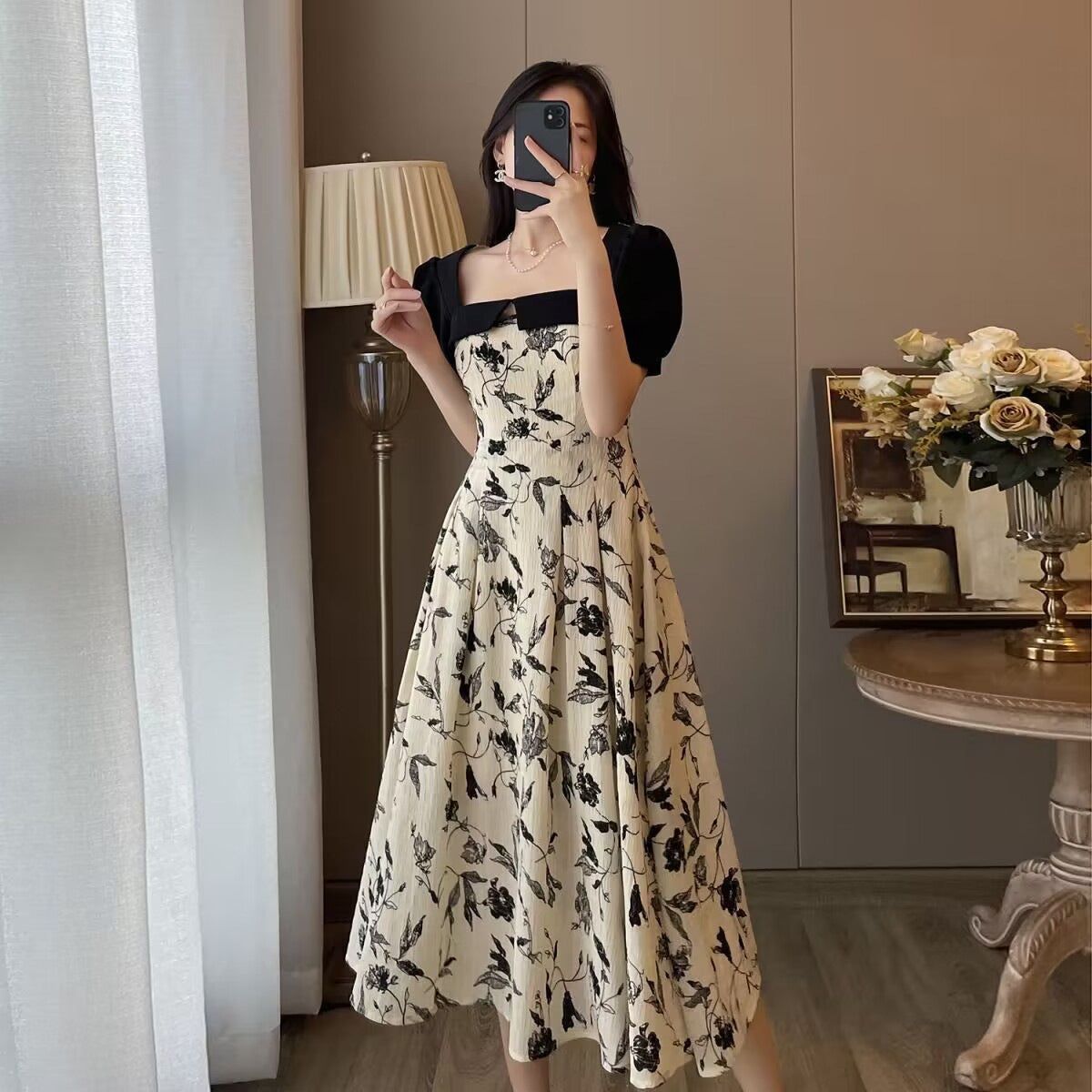 Pure Desire Style Slimming Stitching Floral Skirt Women's Summer Square Collar Bubble Sleeve A- line dress
