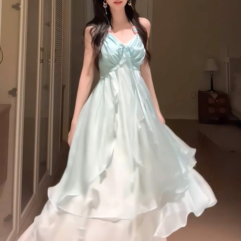 French Style Simple Seaside Holiday Strap Backless dress