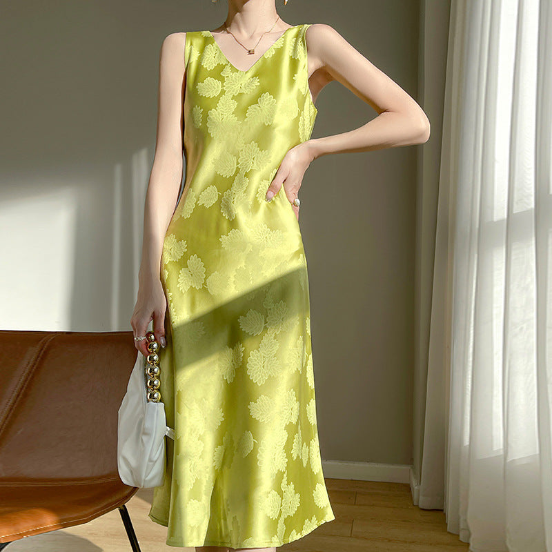 Women's Acetate Satin Mid-Length Dress Spring and Summer New Leaf Printing Niche Minimalist Style Sleeveless Skirt