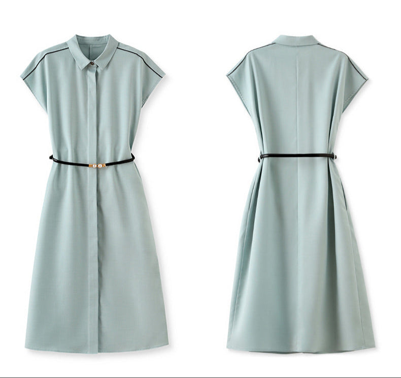 Polo Collar Contrast Color Braid Shoulder Sleeve Single Row Hidden Hook Waist Slimming Dress