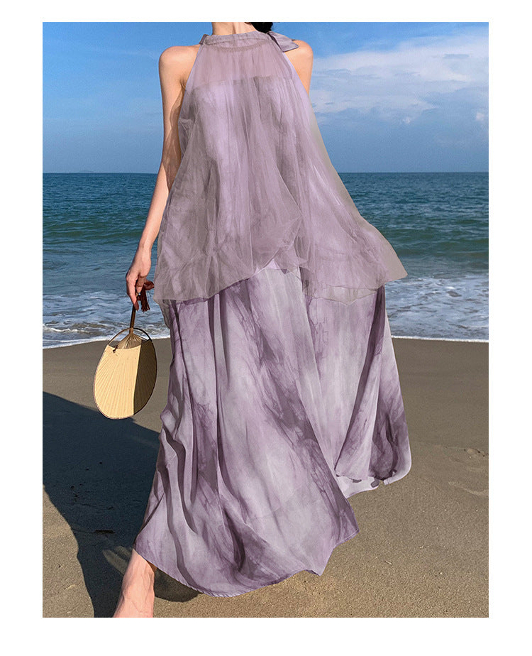 Light Raspberry Powder Jacquard Mesh Halter Fake Two Pieces Dress High Sense Morning Gowns Sleeveless Skirt