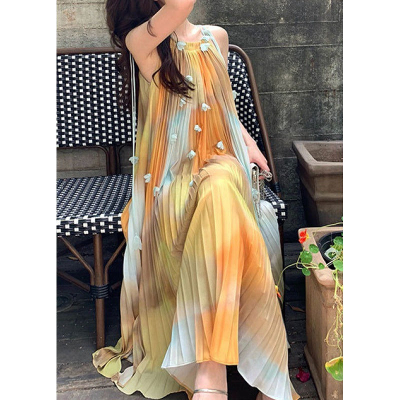 French Heavy Industry Tie-Dyed Suspenders Dress Summer Hepburn Style Loose Halter Mid-Length Fairy Skirt