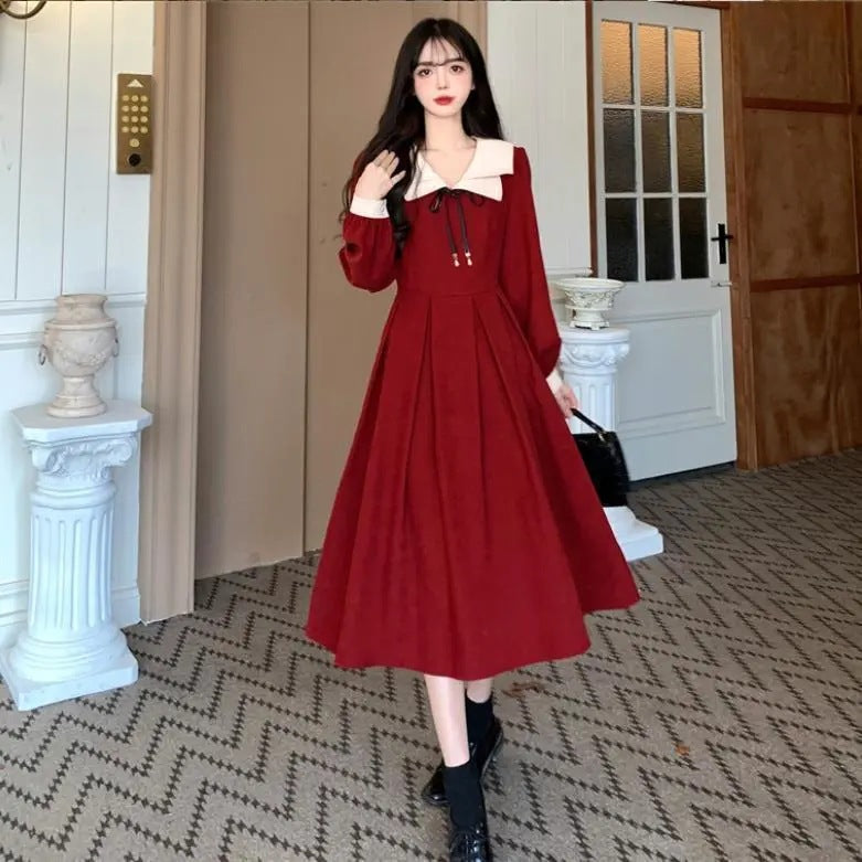 Dress Women's High Waist Skirt Trendy Style Age-Reducing College Autumn and Winter Formal Mid-Length Dress Large-Sized Skirt