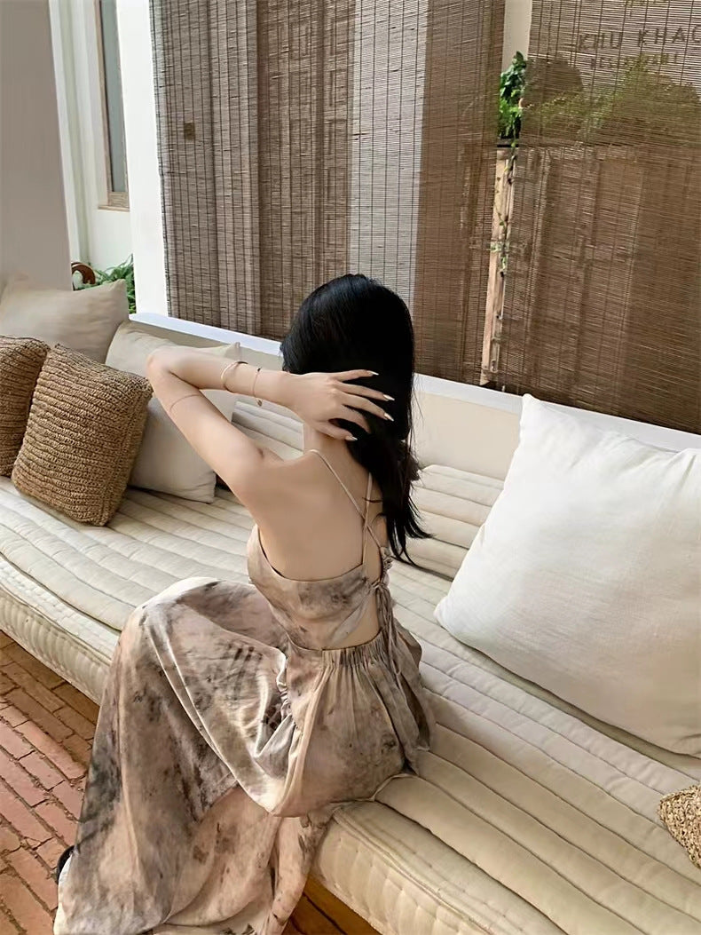 Sweet and Spicy Girl Floral Strap Dress Fairy Summer Dress Beach Vacation Backless Sexy Elegant Waist-Cinching Long Dress