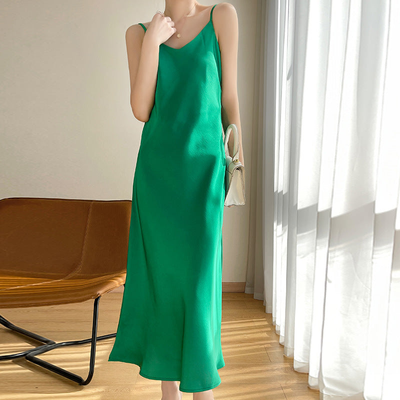 Summer New Mid-Length Sleeveless Off-Shoulder Light Luxury Mulberry Silk Acetate Satin Imitation Silk Strap Dress for Women