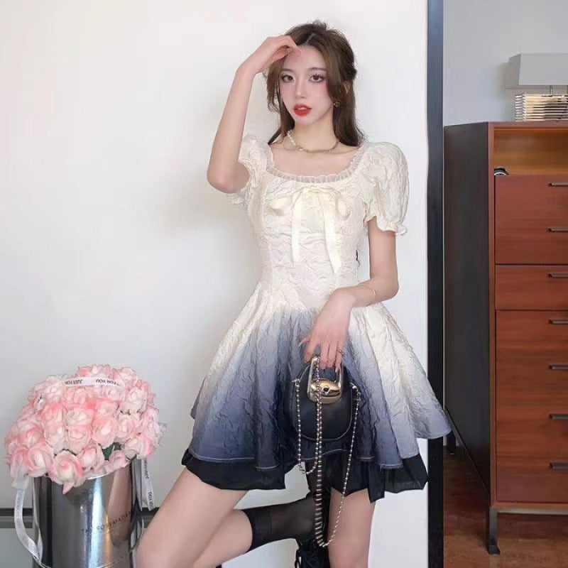 Sweet Gradient Princess Puffy Dress Summer New French Style Petite Waist Slimming Pure Desire