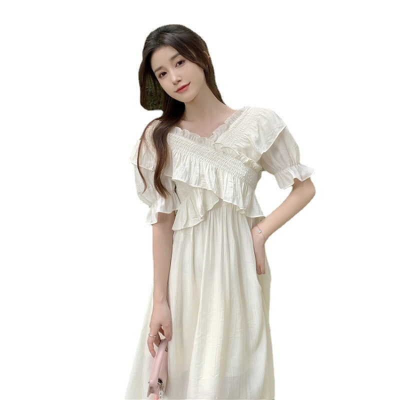 Chiffon Dress for Women Summer New Fairy Design Sense Cross V Gentle Short Sleeve Long Dress