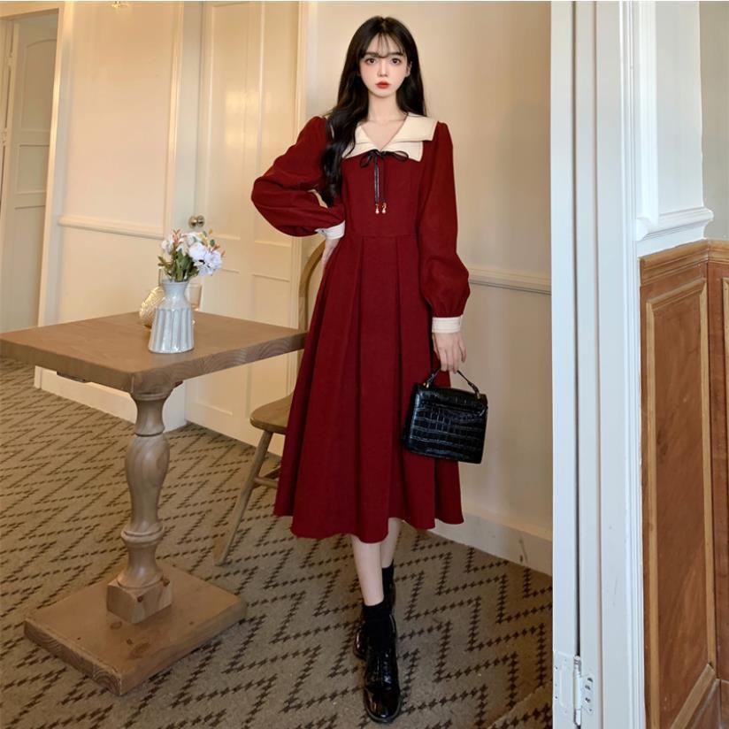 Dress Women's High Waist Skirt Trendy Style Age-Reducing College Autumn and Winter Formal Mid-Length Dress Large-Sized Skirt