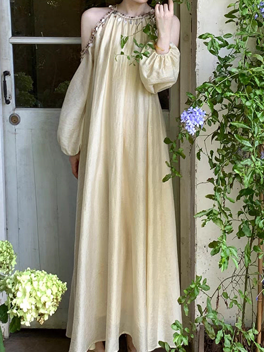 Shell Lace Light Apricot Dress Bohemian Vacation Style Long Dress