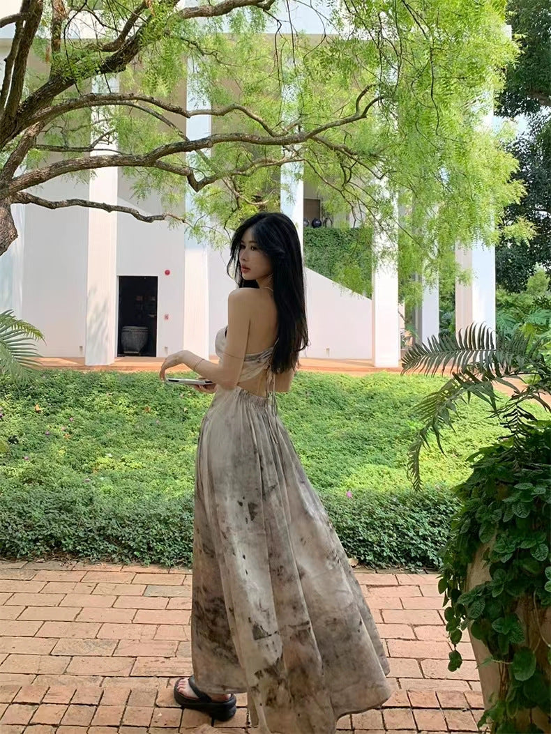 Sweet and Spicy Girl Floral Strap Dress Fairy Summer Dress Beach Vacation Backless Sexy Elegant Waist-Cinching Long Dress