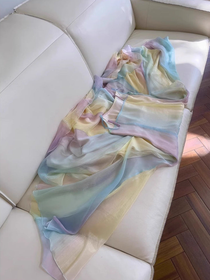 Summer Dopamine Girl Sweet Rainbow Long Dress Fairy Socialite Temperament Vacation Strap French Style Dress