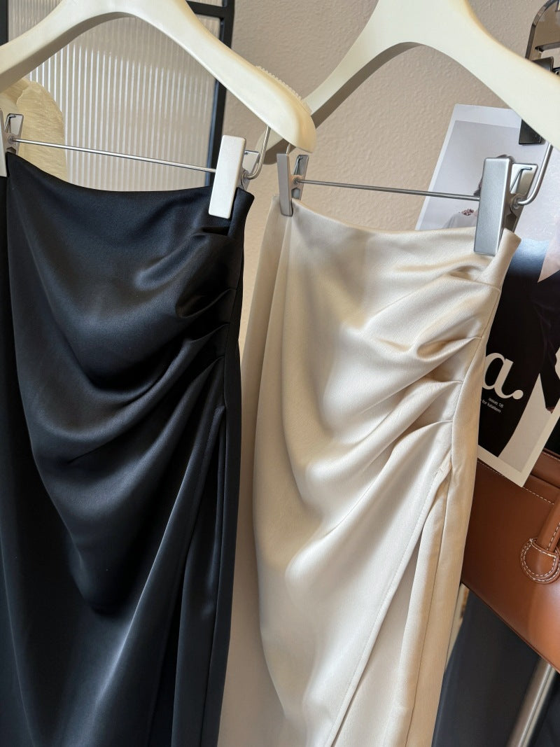 Elegant Goddess Style~Asymmetric Smooth Satin Skirt, Spring and Summer Pleated Pencil Skirt, Mid-Length Straight Skirt