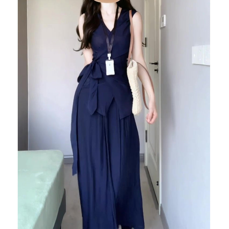 French Style Elegant Fashion Age-Reducing Sleeveless Tie Top with High-Waisted Skirt Two-Piece Set for Women