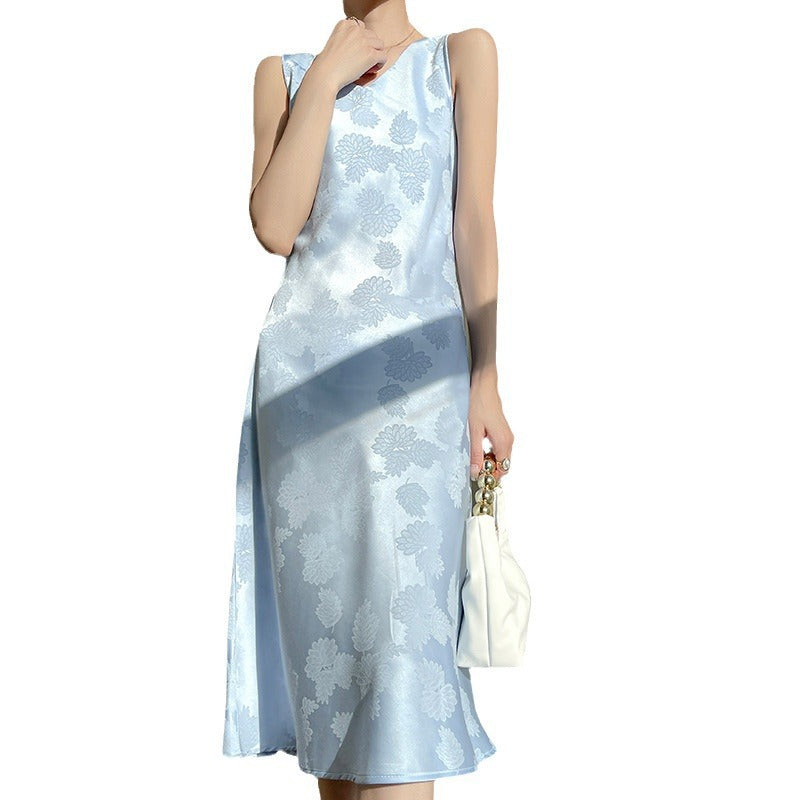 Women's Acetate Satin Mid-Length Dress Spring and Summer New Leaf Printing Niche Minimalist Style Sleeveless Skirt