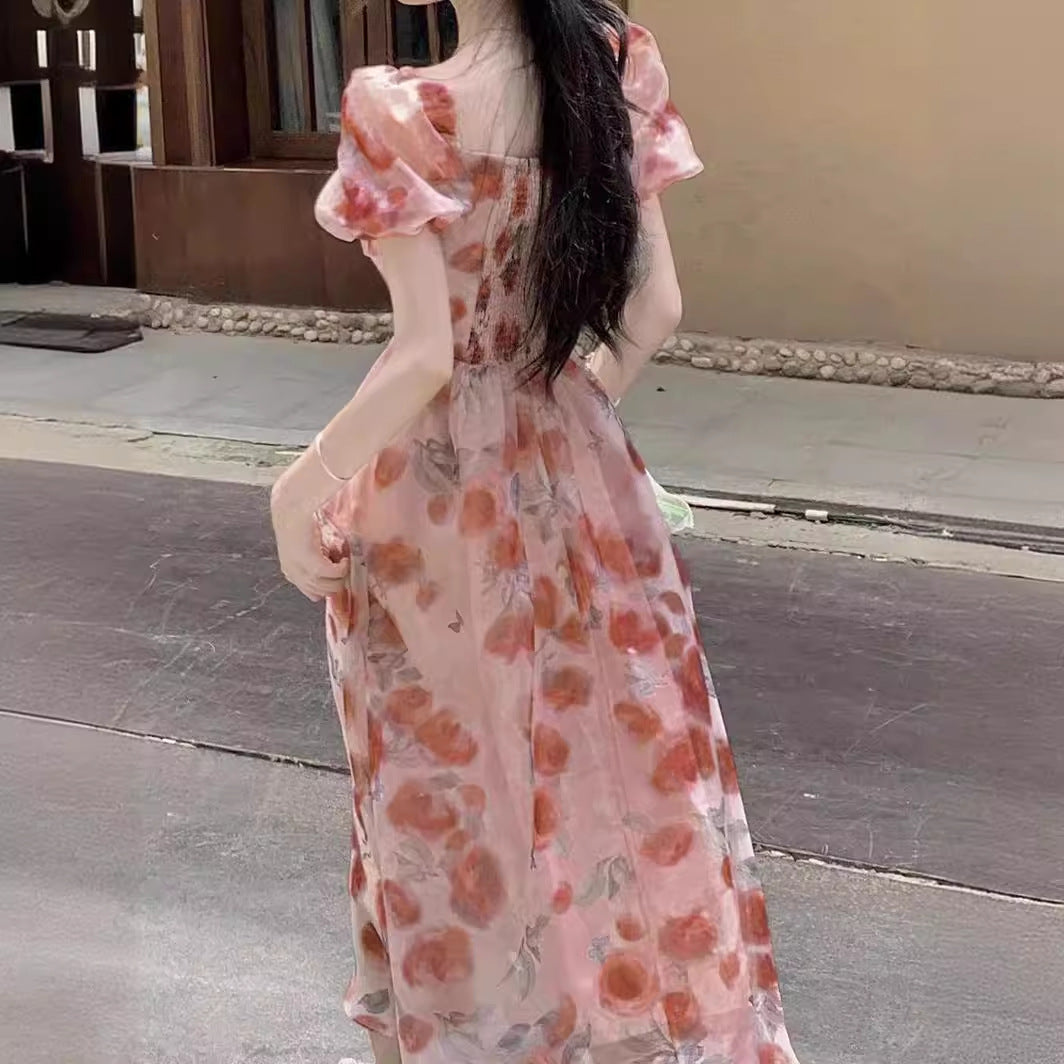 Stunning Fairy Tea Break Platycodon Square Neck High Waist Floral Dress for Women Summer French Style Elegant Chiffon Princess Long Dress
