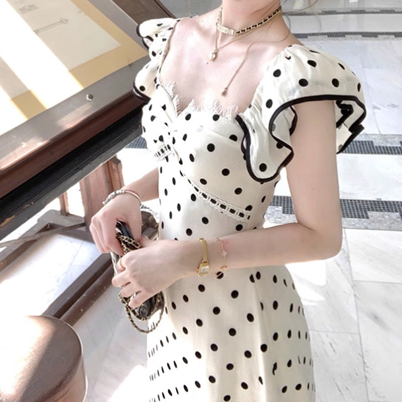 Long Black and White Polka Dot Waist-Cinching Strap Dress Vintage Elegant Slim Dress