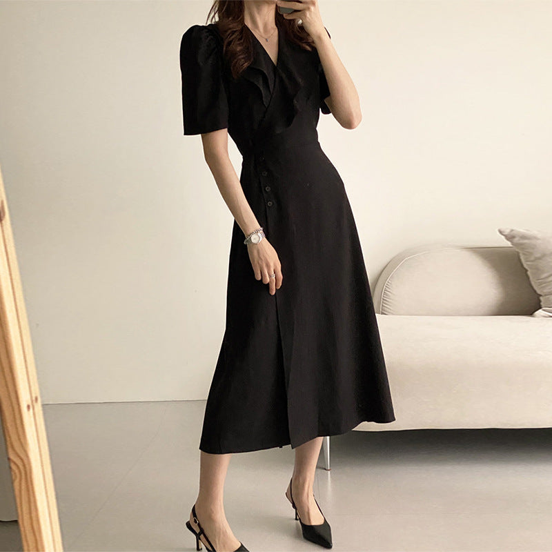 French Retro Double-Layer Collar Buckle Waist Slimming Mid-Length One-Piece Puff Sleeve Dress Women