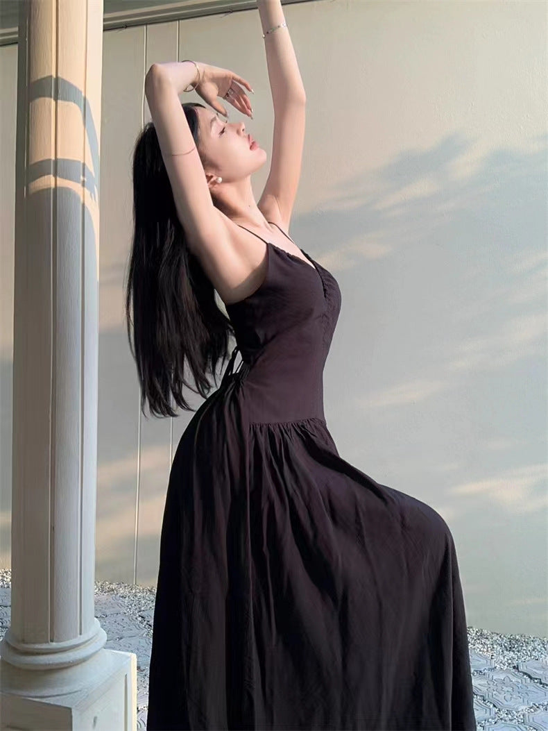 Sweet and Spicy Girl Floral Strap Dress Fairy Summer Dress Beach Vacation Backless Sexy Elegant Waist-Cinching Long Dress