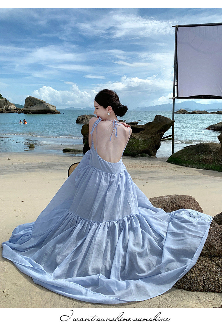 Sanya Beach Dress Light Blue Hollow Embroidery Strap Dress Summer Super Fairy Flowing Vacation Style Elegant Long Dress