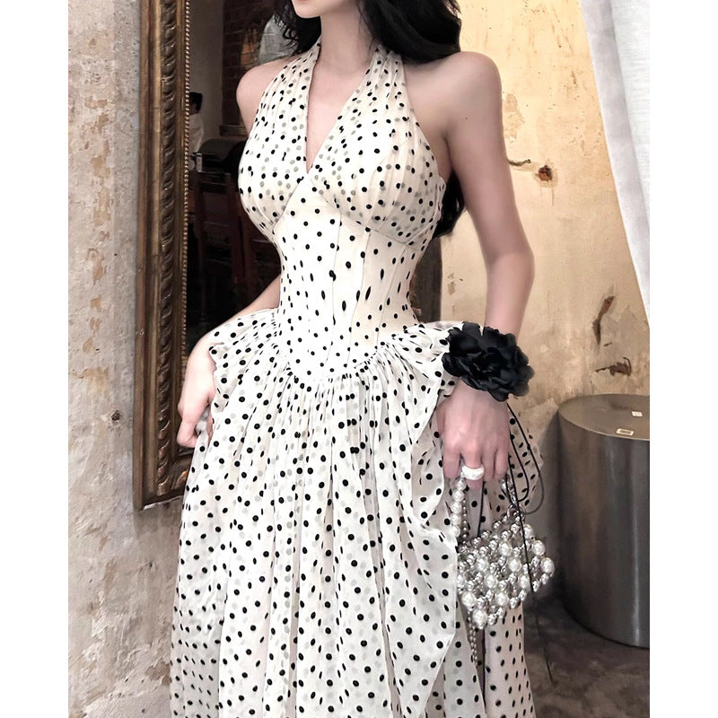Polka Dot Halter Neck Dress for Women New Fishbone V-neck Long Dress Elegant Waist-cinching Gentle Style Trend