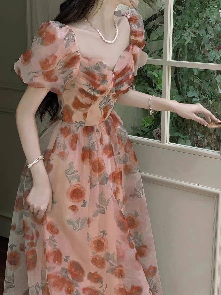 Stunning Fairy Tea Break Platycodon Square Neck High Waist Floral Dress for Women Summer French Style Elegant Chiffon Princess Long Dress