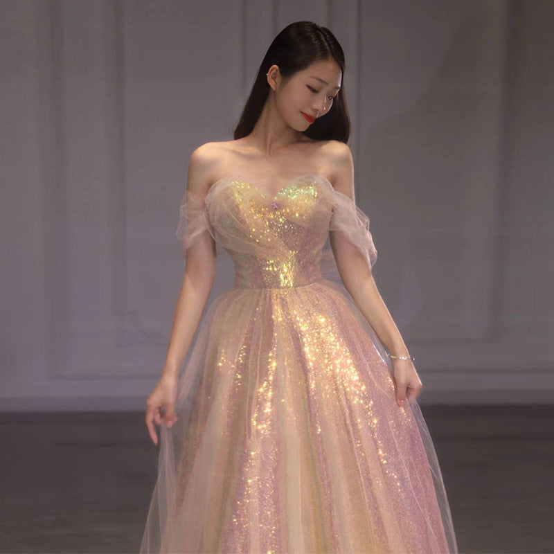 2025 New Style Bridal Toast Dress Slimming Mesh Evening Gown for Annual Meeting Banquet Host Mermaid Off-Shoulder Evening Dress for Women
