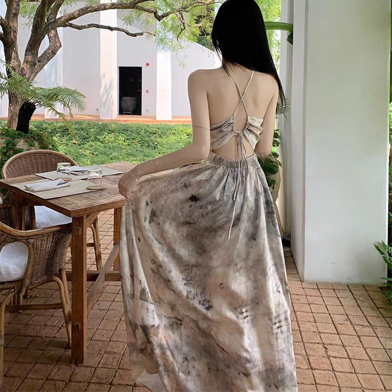 Sweet and Spicy Girl Floral Strap Dress Fairy Summer Dress Beach Vacation Backless Sexy Elegant Waist-Cinching Long Dress