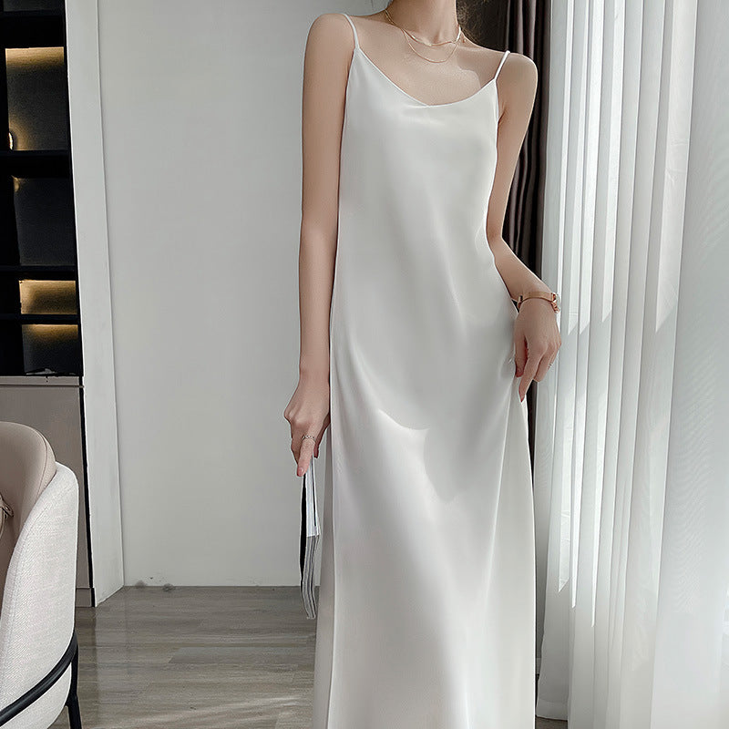 Summer New Mid-Length Sleeveless Off-Shoulder Light Luxury Mulberry Silk Acetate Satin Imitation Silk Strap Dress for Women