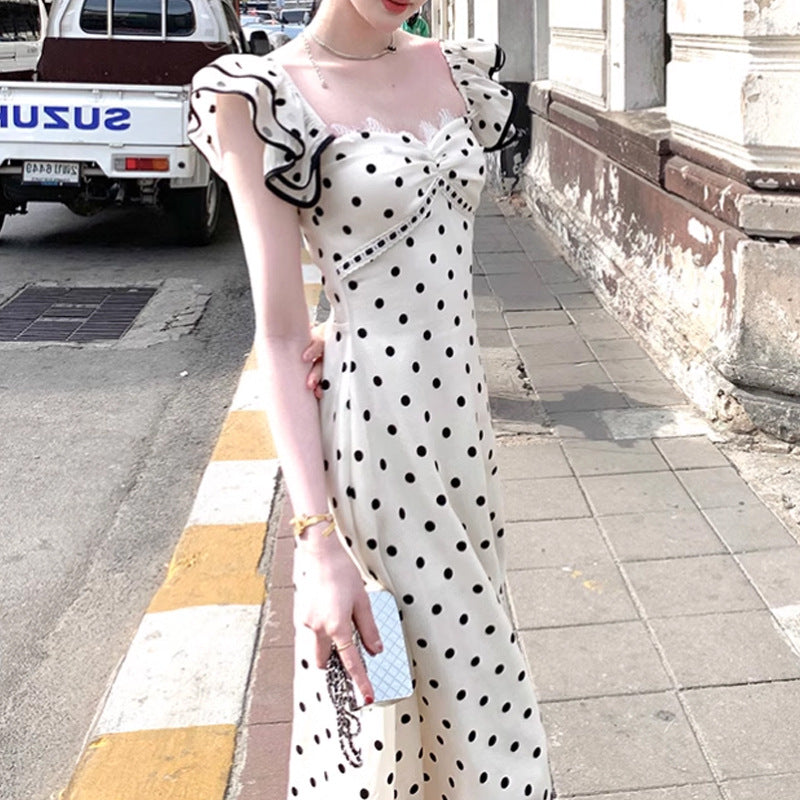Long Black and White Polka Dot Waist-Cinching Strap Dress Vintage Elegant Slim Dress