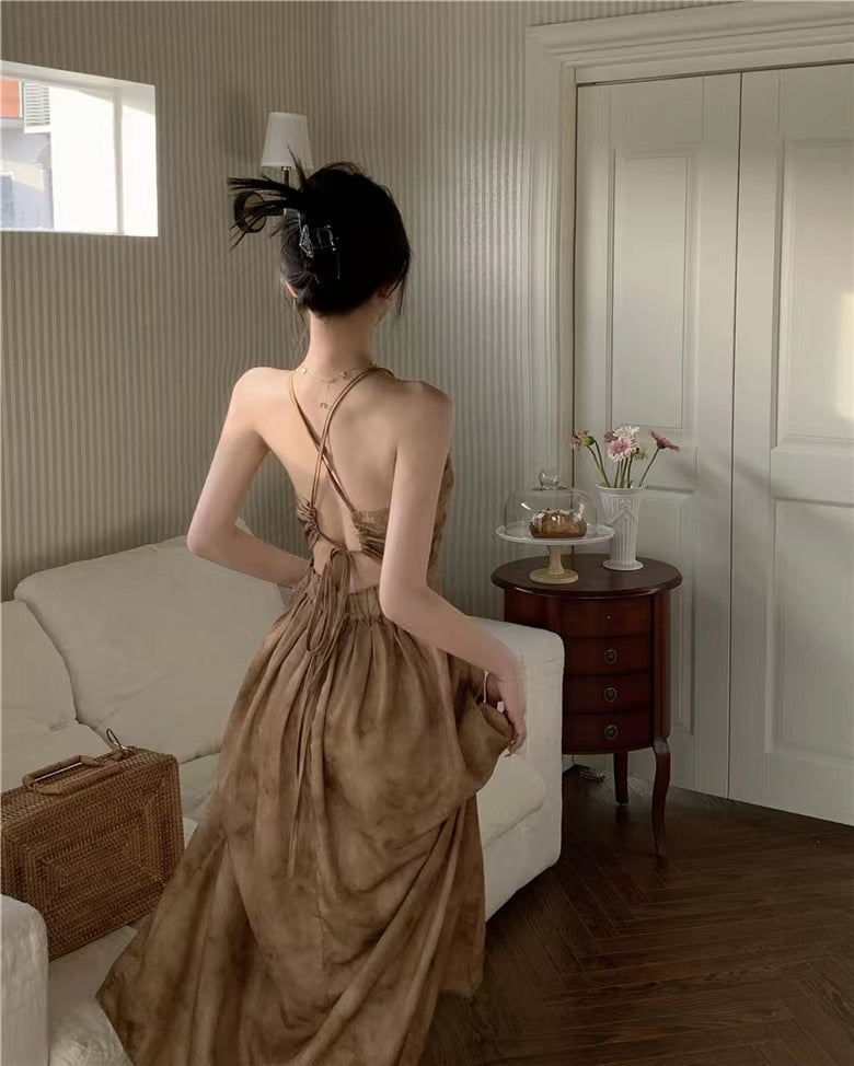 Sweet and Spicy Girl Floral Strap Dress Fairy Summer Dress Beach Vacation Backless Sexy Elegant Waist-Cinching Long Dress