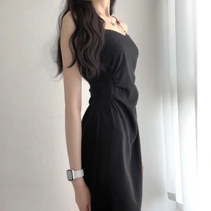 Black Camisole Dress Women's Summer 2025 New Waist Slimming High Sense Elegant Hepburn Style Black Dress