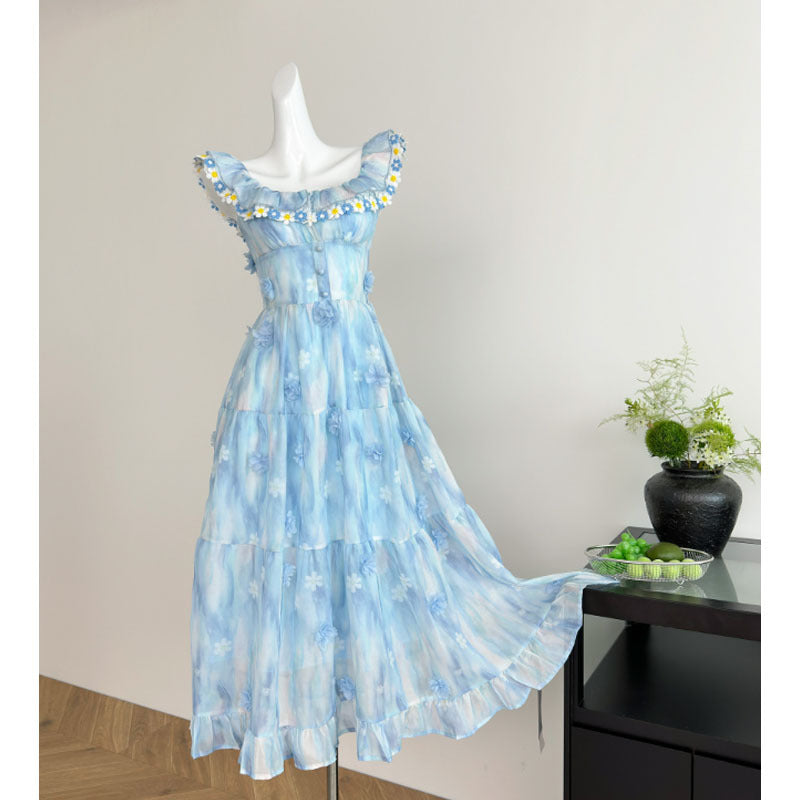 Blue Long Chiffon Printed Dress with Flutter Sleeves, French Sweet Style, Slimming Dress