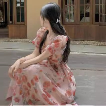 Stunning Fairy Tea Break Platycodon Square Neck High Waist Floral Dress for Women Summer French Style Elegant Chiffon Princess Long Dress