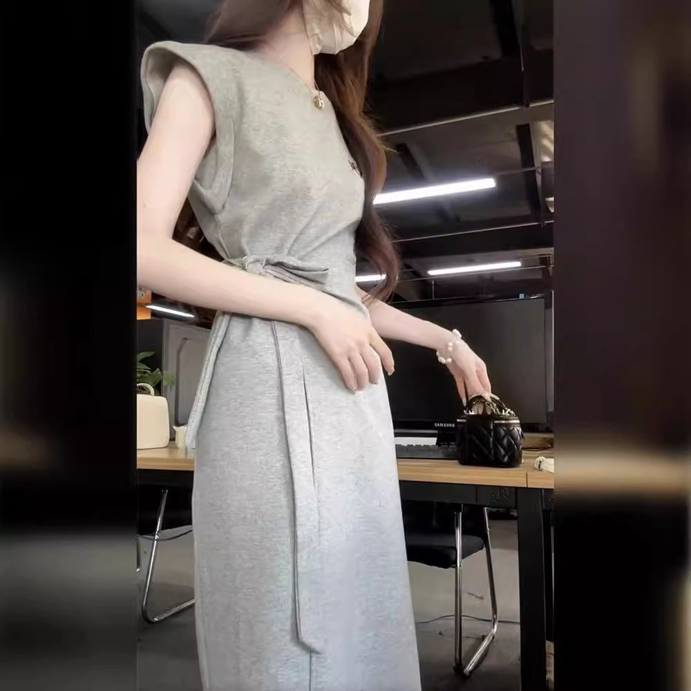 New French Style Gray Short Sleeve Dress for Women Summer Elegant High-end Casual Waist-cinching Long Dress