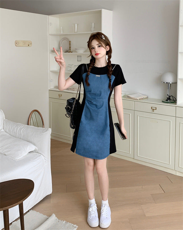 Small Size plus size Not Pick Body Retro Denim Stitching dress Women's New Summer Skirt Belly Covering Slim A- line Skirt