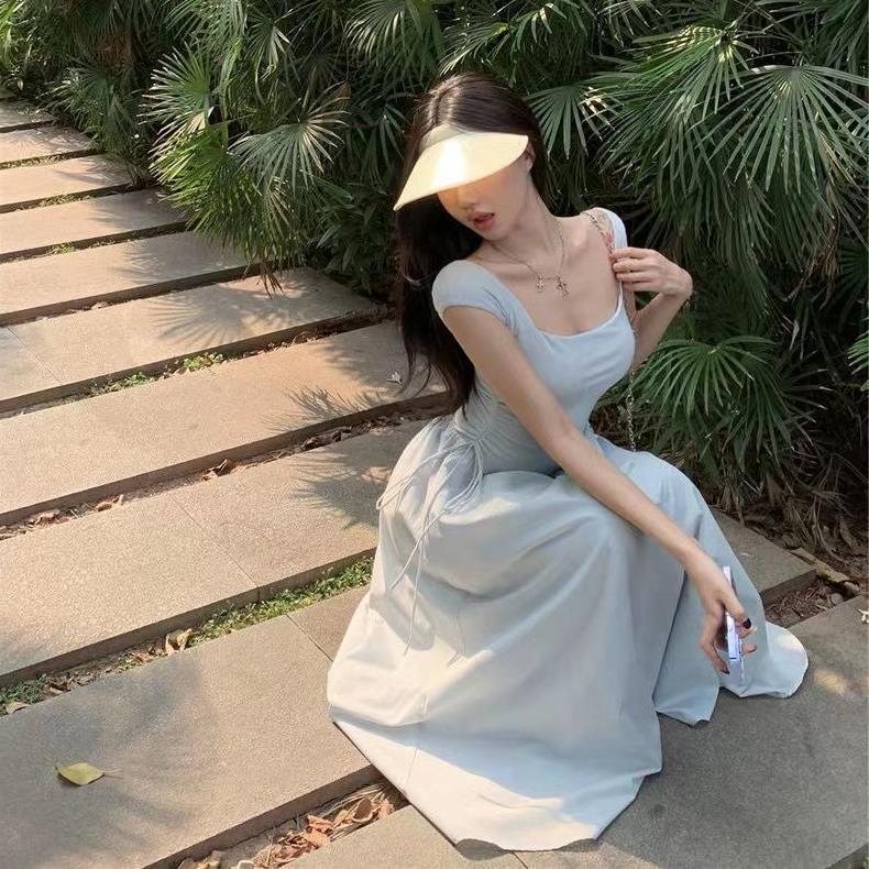 Square Neck White Dress for Women, Summer French Style, Waist-Cinching Slimming A-Line Dress, Design Sense Drawstring Long Dress, Vacation Dress