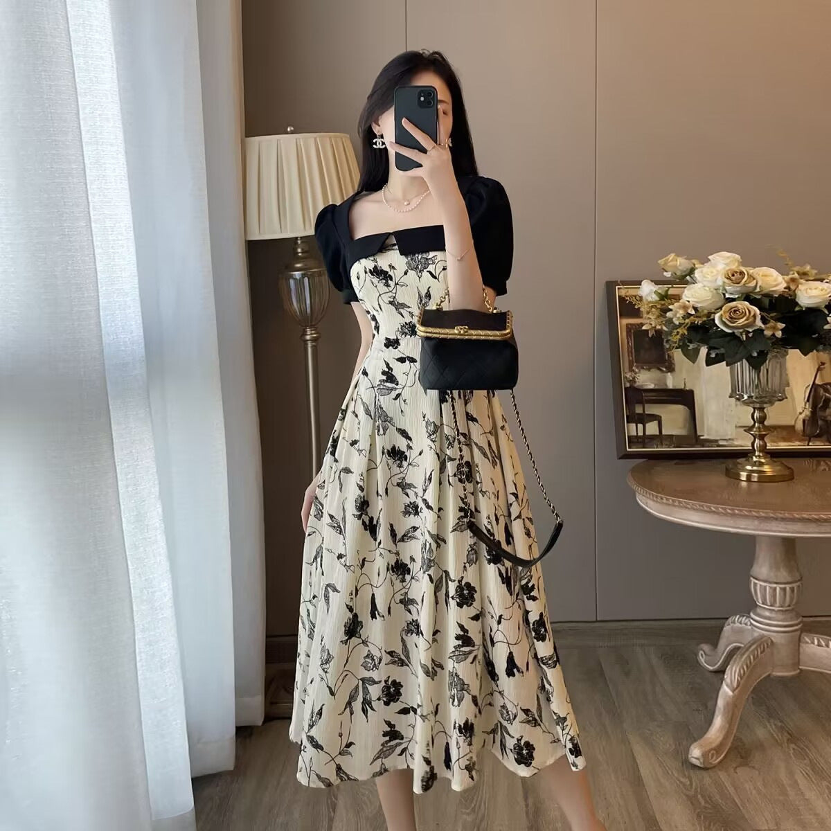 Pure Desire Style Slimming Stitching Floral Skirt Women's Summer Square Collar Bubble Sleeve A- line dress