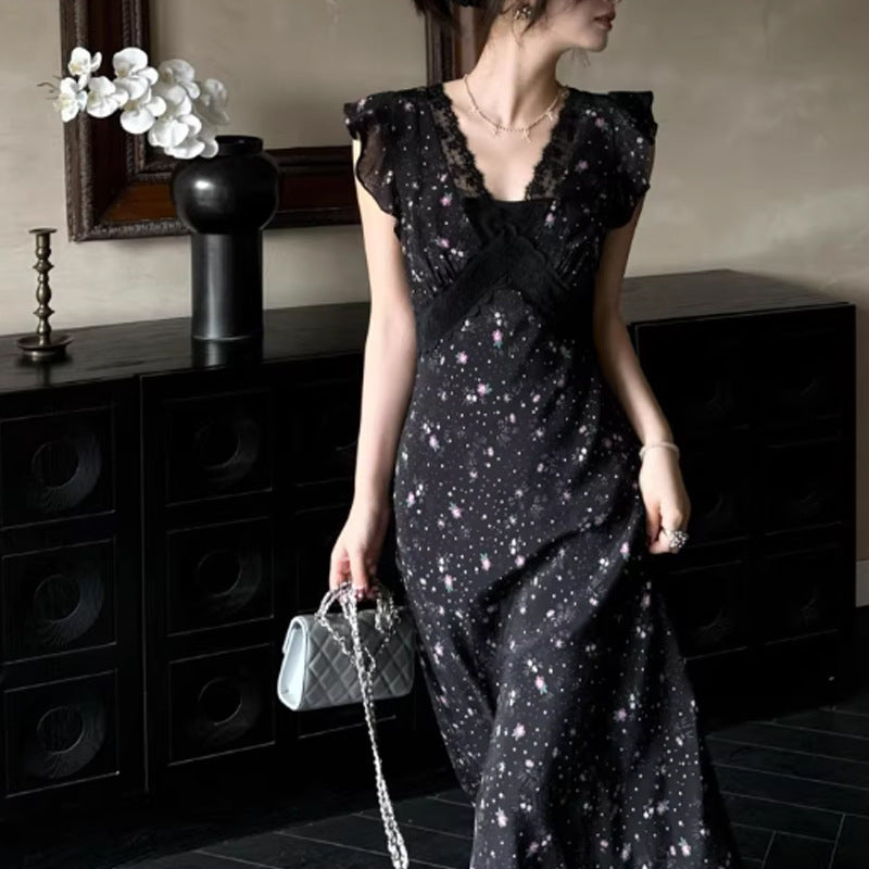 Black Lace Patchwork Floral Dress Vacation Style French Elegant Unique Beautiful Waist-Cinching Long Dress