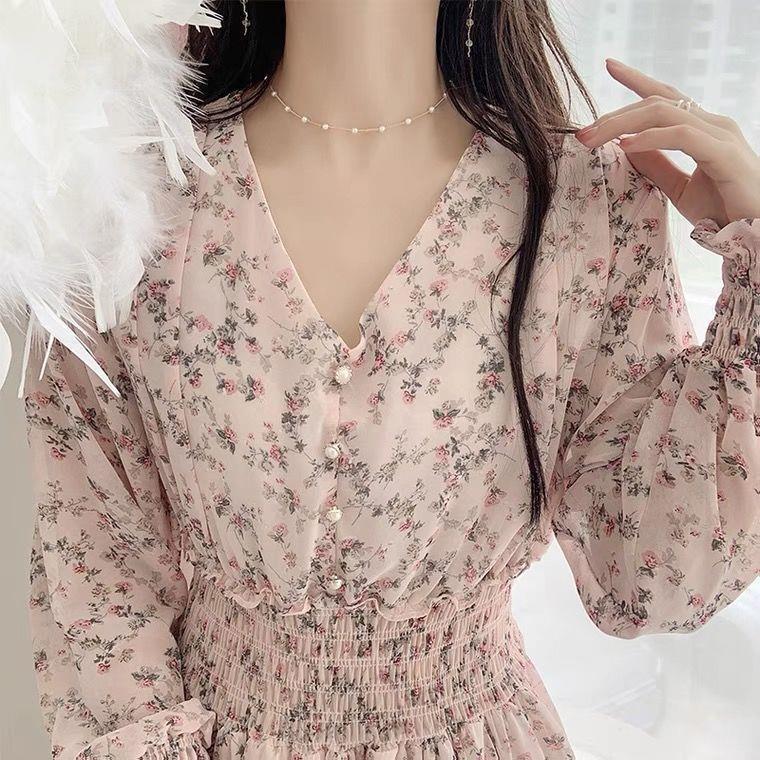 Artistic Style Floral Skirt Chiffon Dress Long Skirt Spring New Korean Style Fairy Dress Ruffled Large Swing Skirt