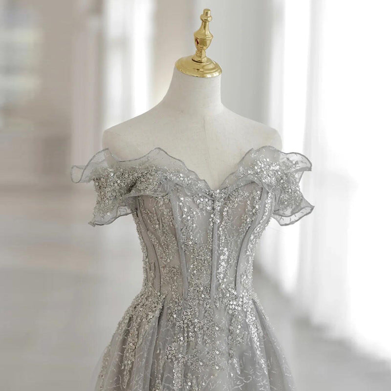 Off-Shoulder Pink Evening Dress High-End 2025 Spring Host Banquet Elegant Socialite Engagement Party Dress