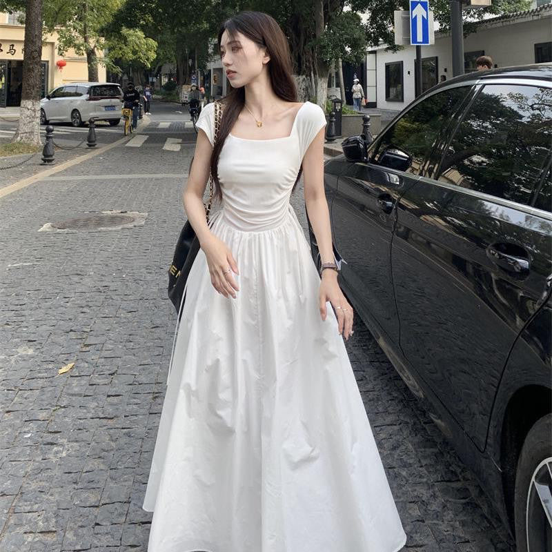 Square Neck White Dress for Women, Summer French Style, Waist-Cinching Slimming A-Line Dress, Design Sense Drawstring Long Dress, Vacation Dress
