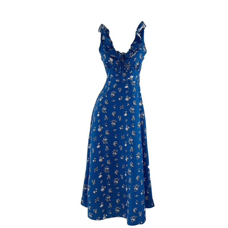 Klein Blue Romantic Floral Tie Dress That Enhances Fair Skin