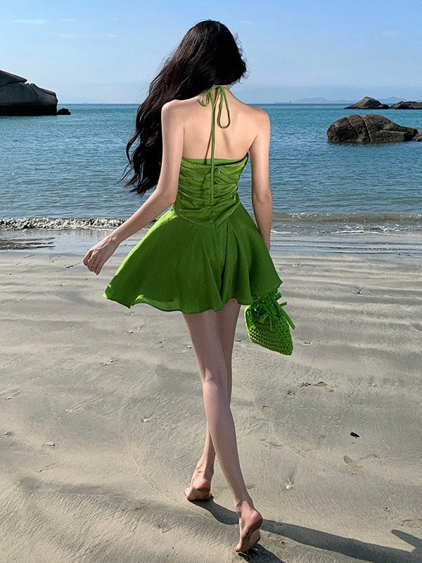 Unique and Beautiful Halter Neck Chic Strap Dress for Women, Summer Petite Slimming Ruched Vacation Beach Dress