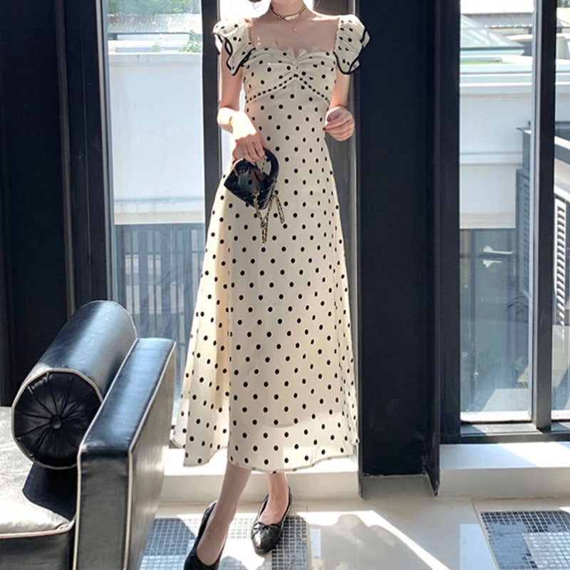 Long Black and White Polka Dot Waist-Cinching Strap Dress Vintage Elegant Slim Dress