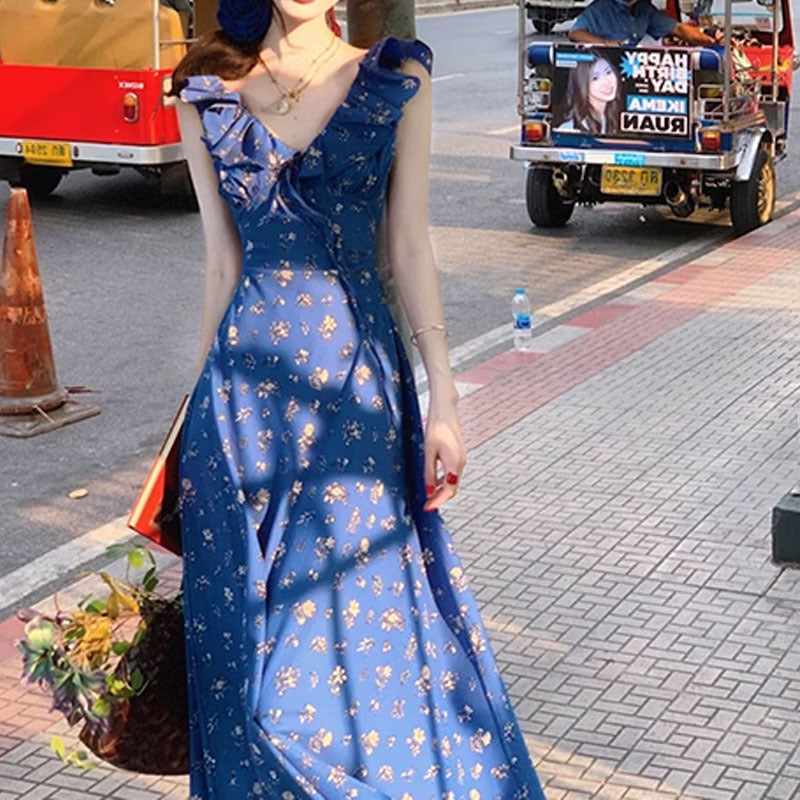 Klein Blue Romantic Floral Tie Dress That Enhances Fair Skin