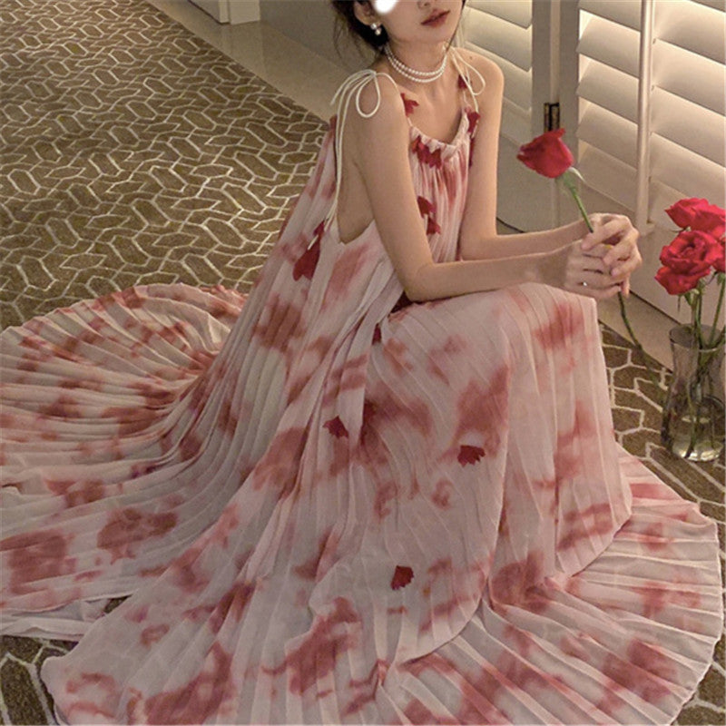 French Heavy Industry Tie-Dyed Suspenders Dress Summer Hepburn Style Loose Halter Mid-Length Fairy Skirt